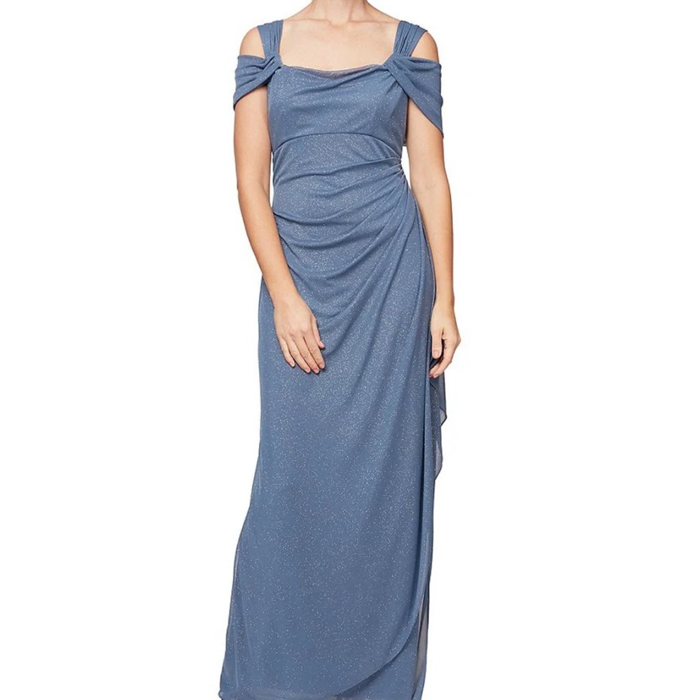 Alex Evenings Glitter Mesh Cowl neck Cold ShoulderSide Slit Ruched Gown